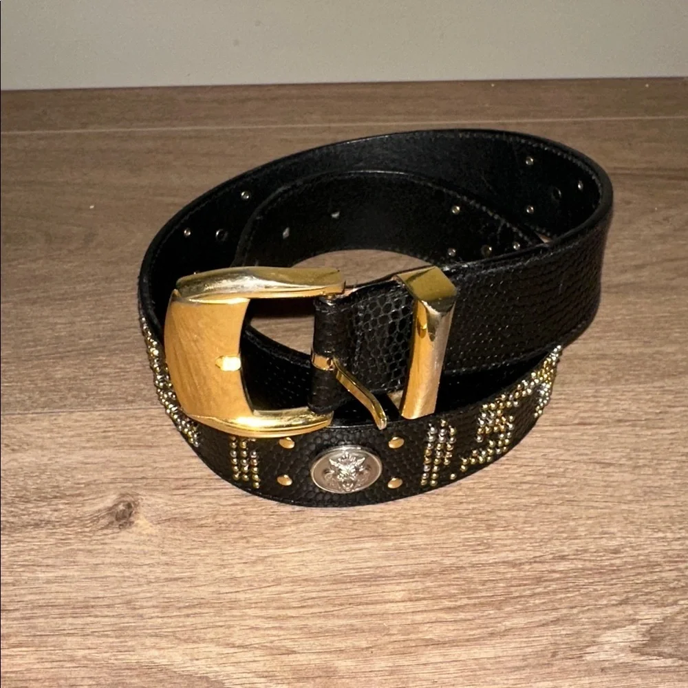 Gianni Versace Vintage Black Gold and Silver Tone Studded Belt Size 30 vintage gianni versace belt men - Gem main image 4